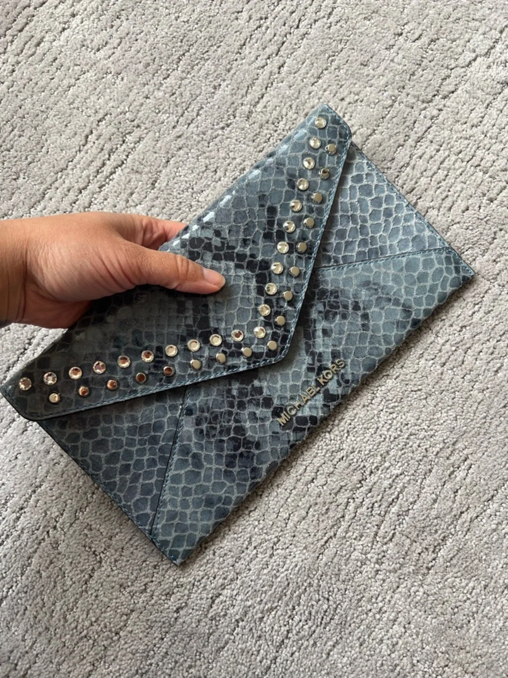 Michael Kors Blue Snakeskin Studded Envelope Clutch - Picture 3 of 12